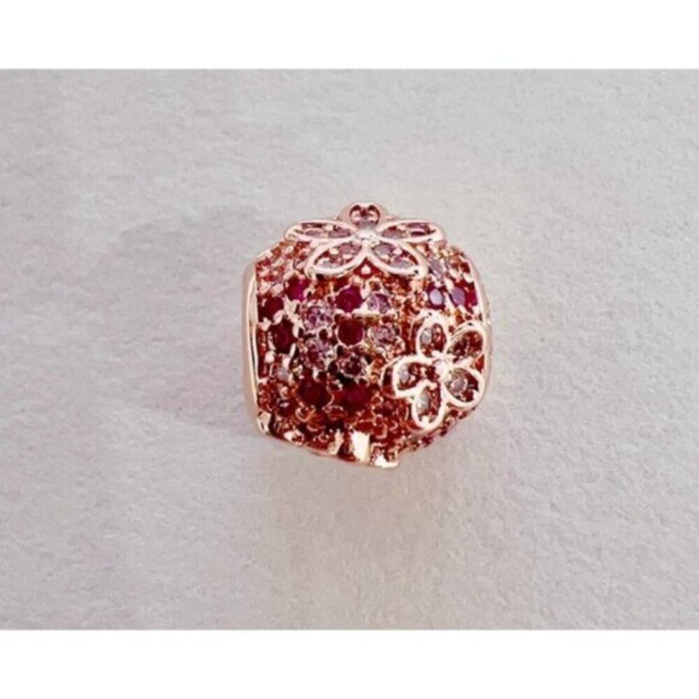 Pink Pavé Daisy Flower Charm - 14k rose gold - Fits Pandora Charm Bracelets - Picture 5 of 11